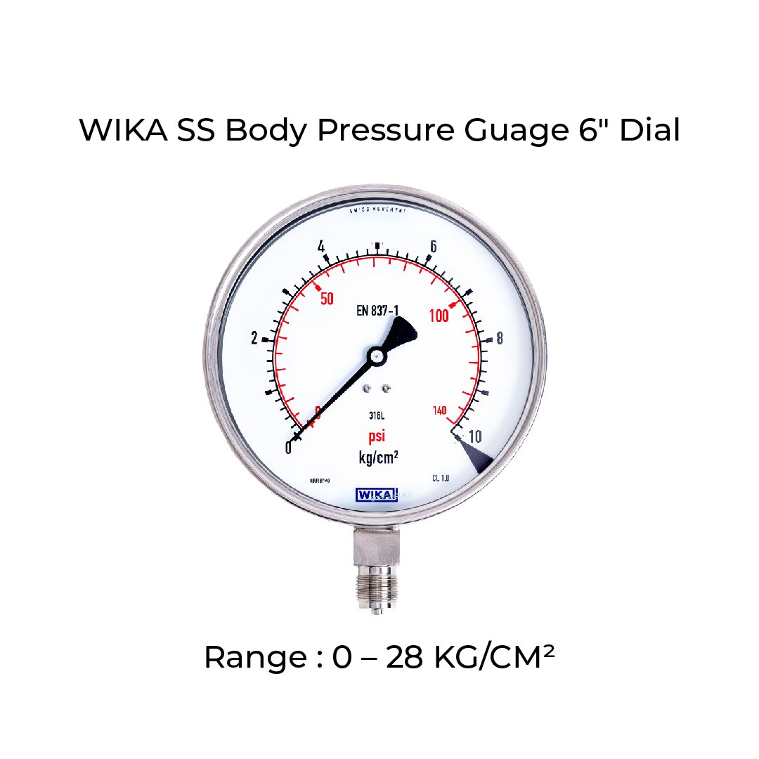 WIKA Pressure Gauge Body SS , Dial Size 100mm , Range 0 28 KG